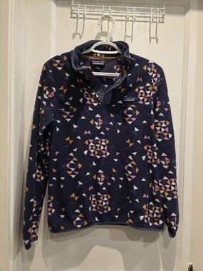 Patagonia Navy Fleece Pullover with Pink, Yellow, White Geometric Print